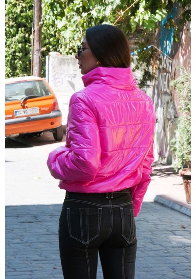 Keyifli Moda Kadın Pembe Parlak Su İtici Dik Yaka Kısa Şişme Mont - 40 Pembe