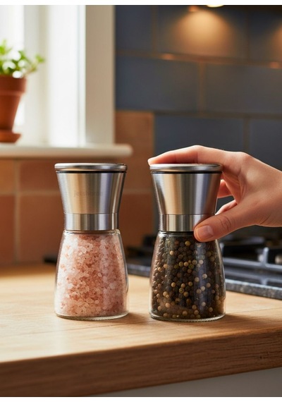2'li Mini Set: 13 Cm Cam Ve Çelik Tuz Karabiber Değirmeni Modern Kahvaltı Ve Sunum Takımı Gümüş