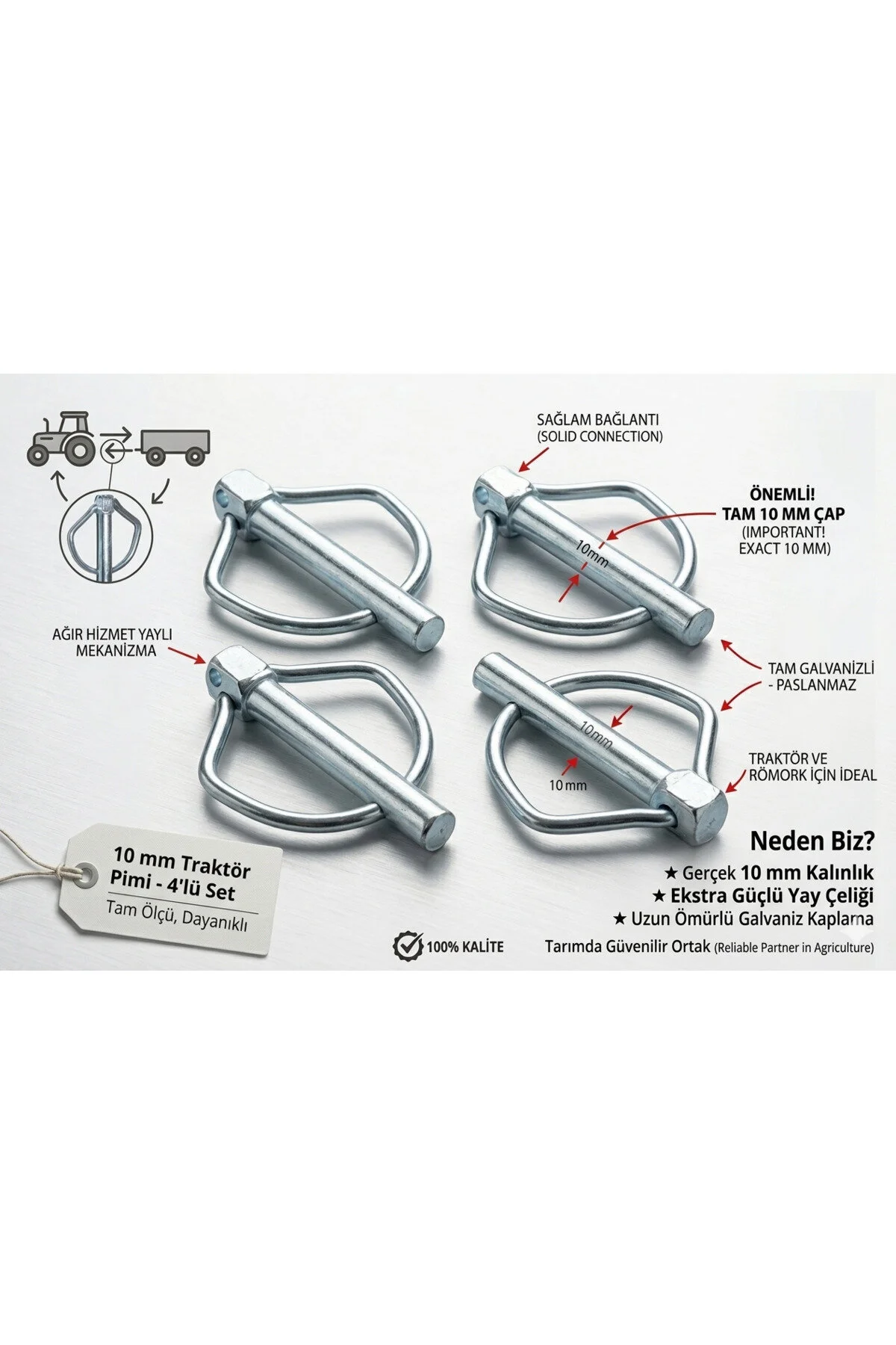 10 Mm Traktör Pimi 4'lü Set - Galvanizli Yaylı Pim, Tarım Makinesi Ve Römork Bağlantı Pimi