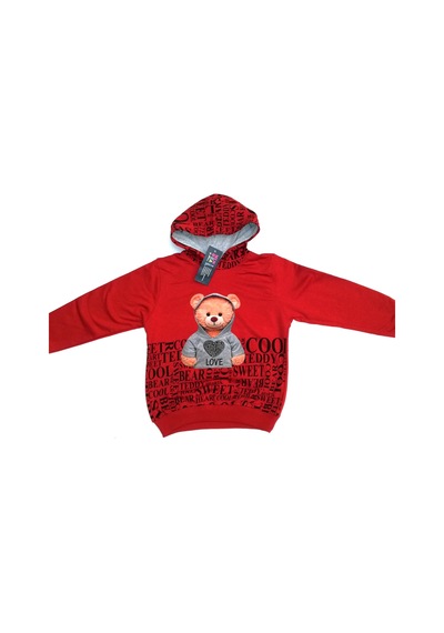 DİJİTAL  AYICIK ve YAZI BASKILI 2 İPLİK  KAPŞONLU KIZ SWEATSHIRT Kırmızı