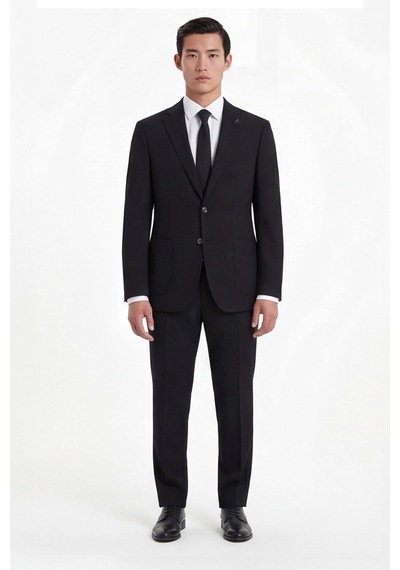Sabri Özel Siyah Slim Fit 6 Drop Mono Yaka Modal Kumaş Lastikli Bel Astarsız Takım Elbise