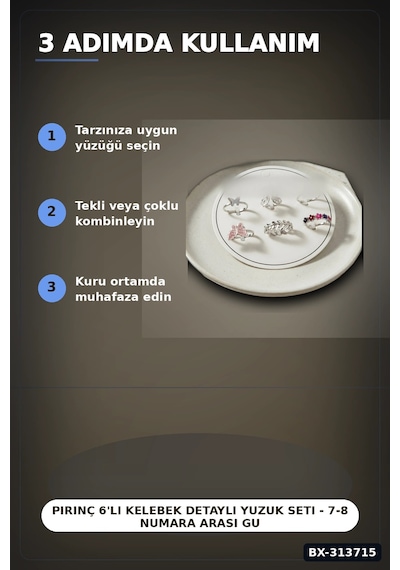 Pirinç 6'li Kelebek Detayli Yuzuk Seti - 7-8 Numara Arasi Gumus Renk Bayan Aksesuari Bx-313715 Çok Renkli