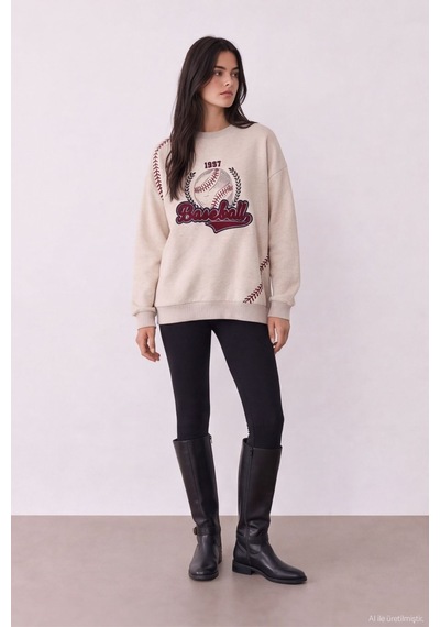 Quzu Baskı Nakış Detaylı Sweatshirt Bejmelanj Bej