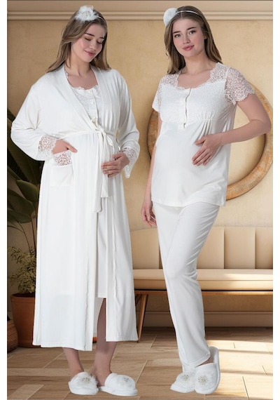 Mecit Pijama Mecit 6065 Kadın Hamile Lohusa Ekru Sabahlıklı Gecelik Pijama Set 001