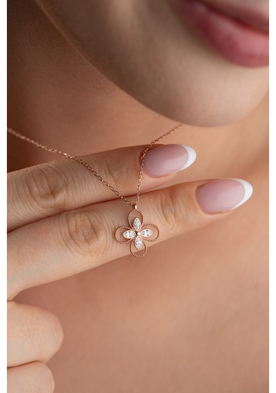 925 Ayar Gümüş Rose Kaplama Beyaz Taşlı 4 Yapraklı Yonca Kolye Rose Gold