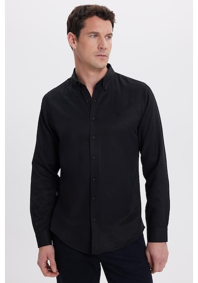 Tudors Erkek Slim Fit Dar Kesim Düz Oxford Armalı Yaka Düğmeli Siyah Spor Gömlek-42019 Siyah