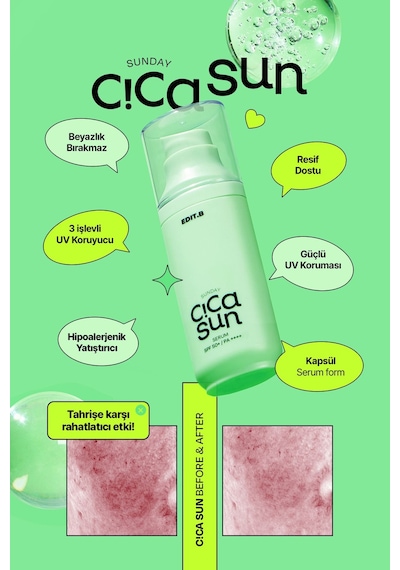 Edıtb Cica ve Hyalüronik Asit İçeren Nemlendirici SPF50+ Güneş Korumalı Yatıştırıcı EDIT.B Sun Serum 55 ML