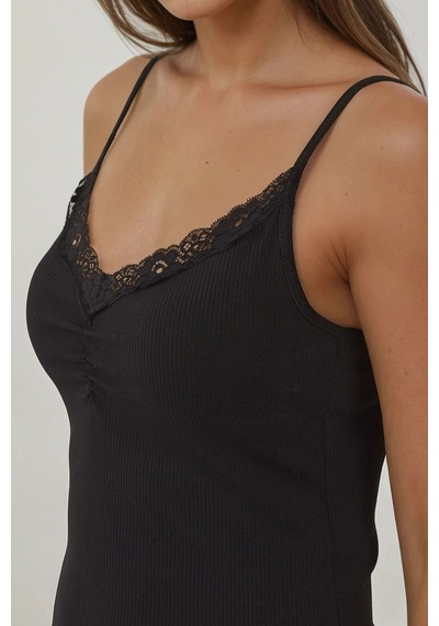 Hiccup Dantel Şeritli Örme Askılı Slim Fit Üst Siyah