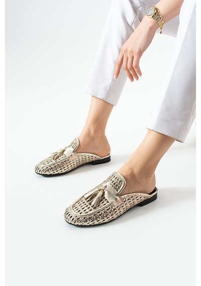 Dericia Shoes Fable Hakiki Deri Günlük Rahat Kadın Terlik Altın