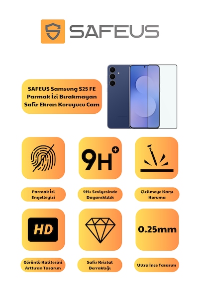Safeus Tam Kaplayan Parmak İzi Bırakmayan Safir Ekran Koruyucu Cam , Samsung S25 Fe İle Uyumlu