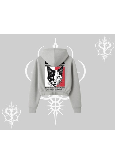Modern Kedi Temalı Arka Baskılı Kapşonlu Crop Sweatshirt Gri
