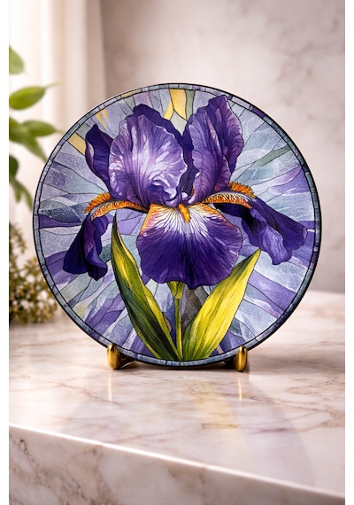 Mor İris Çiçek Desenli Pasta Tabağı 6 Adet, 20 Cm Modern Sanatsal Sunum Tabağı