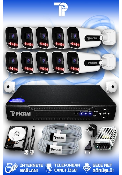 Picam 10 Kameralı Zebra 10 Dış Kamera Set 100 Gb 5 Mp 2k Net Gece Görüşlü Güvenlik Kamerası Sistemi