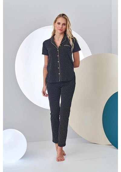 Pjs 24213 Kadın Puantiyeli Düğmeli Pijama Takım 001