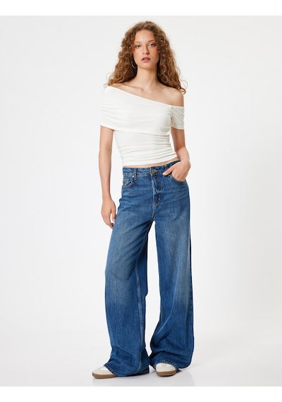 Koton Kayık Yaka Tişört Drape Detaylı Slim Fit Kısa Kollu Ekru 4sal11078ık Ekru