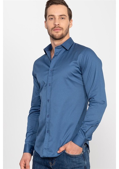 Tudors Slim Fit Dar Kesim Likralı Düz Saten Erkek Gömlek-19937 Mavi