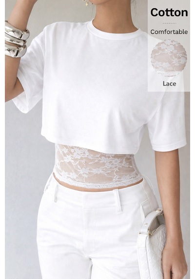 Meren Like Your Style Beyaz Crop Tişört Kadın Dantel Detaylı Yuvarlak Yaka Şık Üst Bluz Beyaz Meren Like Your Style Beyaz Crop Tişört Kadın Dantel Detaylı Yuvarlak Yaka Şık Üst Bluz Beyaz