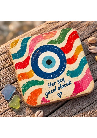 Yılbaşı Temalı Ahşap Hediyelik Bardak Altlığı Set 4 Lü Çok Renkli