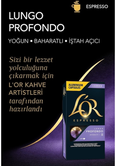 L'or Lungo Profondo Intensity 8 Nespresso Uyumlu Kapsül Kahve 10 x 10'lu