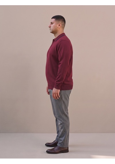 Maccali Erkek Bordo Büyük Beden Gizli Fermuarlı Polo Yaka Triko Sweatshirt