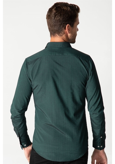 Tudors Slim Fit Uzun Kol Çizgili Spor Yaka Poplin Erkek Gömlek-25329 Haki
