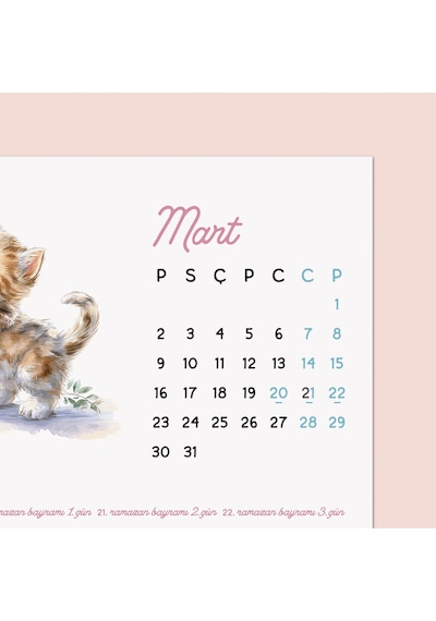 2027 Sevimli Yavru Kedili Masa Takvimi Doğal Ahşap Tabanlı Takvim Pastel Pembe Kedi İllüstrasyon