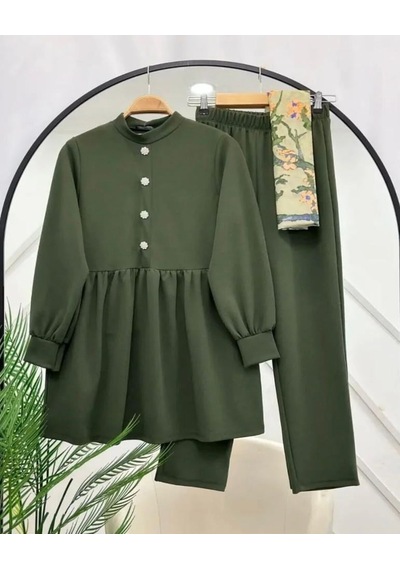Lovie Moda Kadın Taş Düğmeli İkili Takım Yeşil