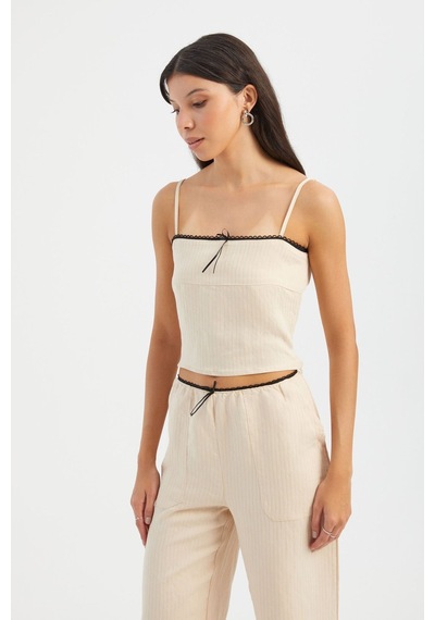 Hiccup Çizgili Kare Yaka Askılı Crop Top Krem Doğal