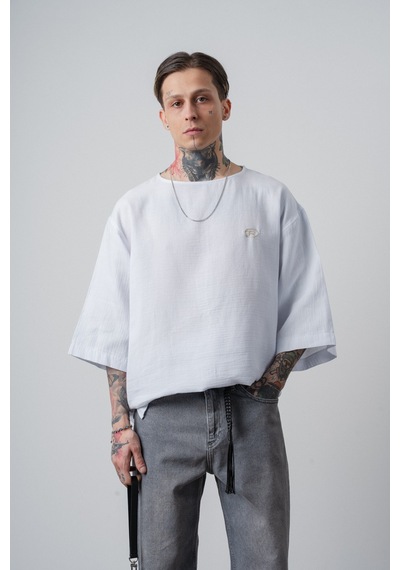 Respire Erkek R Nakışlı Fakir Kol Müslin Oversize T-shirt Beyaz