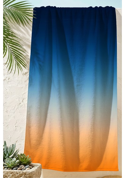 Modern Degrade Mavi Turuncu Plaj Havlusu - Minimalist Ombre Tasarım Hızlı Kuruyan Mikrofiber Havlu Yumuşak Ada
