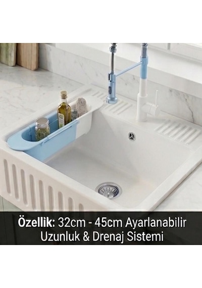 Cx7evy02 Teleskopik Evye Düzenleyici Ayarlanabilir Lavabo Organizer Sepetli Raf Mavi