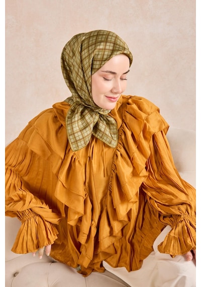 Silk Home Twill İpek Eşarp Ekose Yeşil Bej Çok Renkli