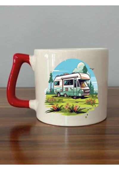 Karavan Ve Tatil Temalı Kırmızı Kulplu Kupa Bardak - Seramik Çay, Kahve Hediyelik Bardağı Beyaz