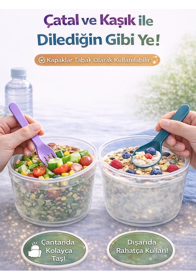 3 Lü Set Taşınabilir Kaşık+çatal Kapaklı Yoğurt Müsli Granola Yemek Diyet Saklama Kabı Take And Diğer