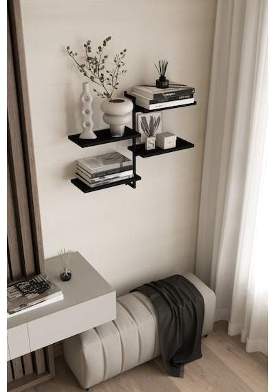 Aju 4 Katlı Duvar Rafı Metal Çerçeveli Dekoratif Kitaplık Ve Raf Ünitesi Modern Ve Minimalistt Siyah