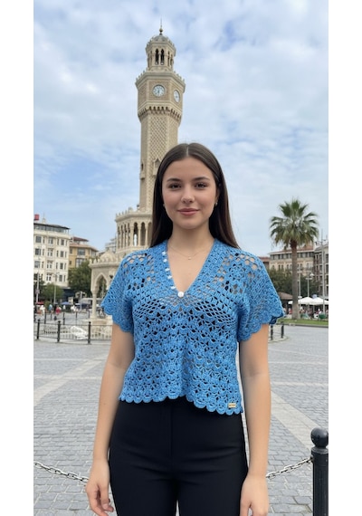 Gönülden Tasarım El Örgüsü İnci Boncuklu Süveter Kadın Bluz Mavi