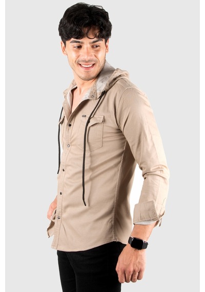 Deepsea Erkek Bej Kapüşonlu Cepli Slim Fit Gömlek Bej