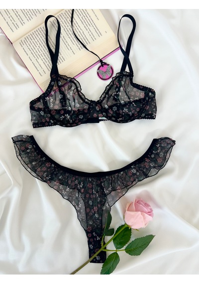 Arinda Butterfly Siyah Tül Çiçek Desenli Balenli Kapsız Fırfırlı Bralette Sütyen Tanga İç Çamaşırı Takımı Alt Üst 2 Parça