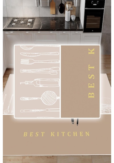 Dijital Baskılı Dekoratif Kaymaz Taban Yıkanabilir Halı Best Kıtchen Desenli Utfak Halısı Yolluk Salon Halısı