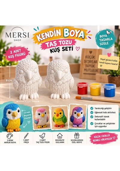 Kendi Kuşunu Boya Seti 2 Li Taş Tozu Figür 3 Renk Boya Ve Fırçalı Hobi Boyama Seti