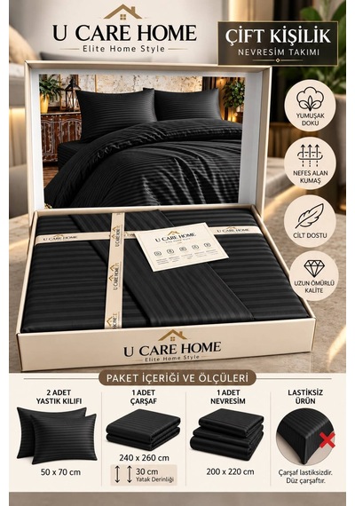 Pamuk Saten Soft Touch Premium Çift Kişilik Özel Kutulu Nevresim Takımı Seti 4 Parça Siyah - 943622227 Siyah