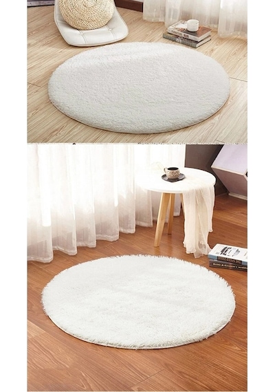 Raschel Carpet Carpet Yıkanabilir Kaymaz Taban Yuvarlak Peluş Halı Beyaz