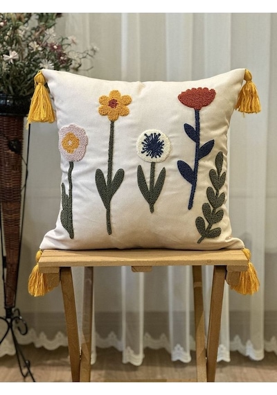 Tekli Punch İşlemeli Çiçekli Flowers Pançlı Nakışlı Dekoratif Kırlent Kılıfı 35x50 Kırmızı