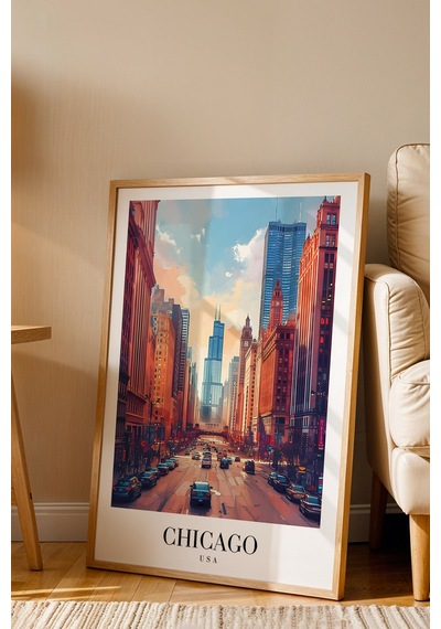 Chicago Usa City Architecture Vintage Poster Çerçeveli Tablo - Premium Şehir Elit Duvar Dekoru Kayın