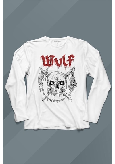 Wulf Metal Rock Band Skull Kuru Kafa Urban Gothic Uzun Kollu Tişört Baskılı T-shirt 001