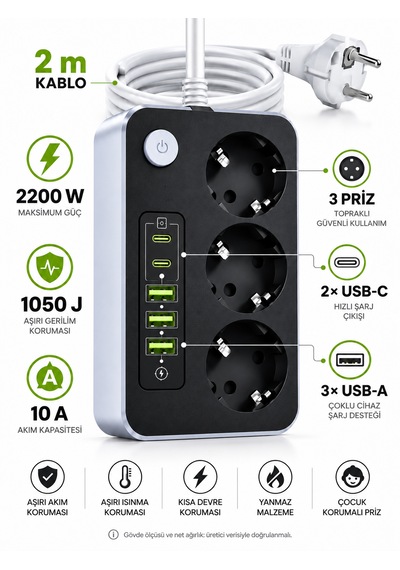 Akım Korumalı 3'lü Priz 2200w 1050j 10a Termal Korumalı 3 Usb 2 Type-c Şarj Girişli 0 - 2 M