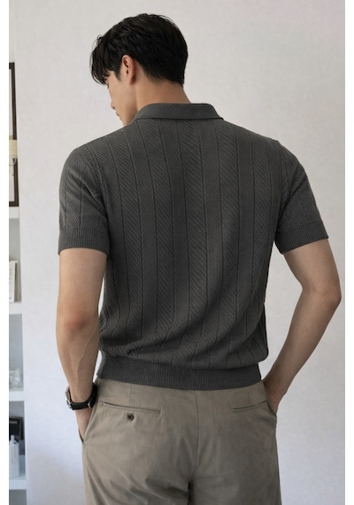 Tarz Cool Erkek Triko Polo Yaka Tişört Slim İnce Dokulu Şık Basic Triko T-shirt Siyah