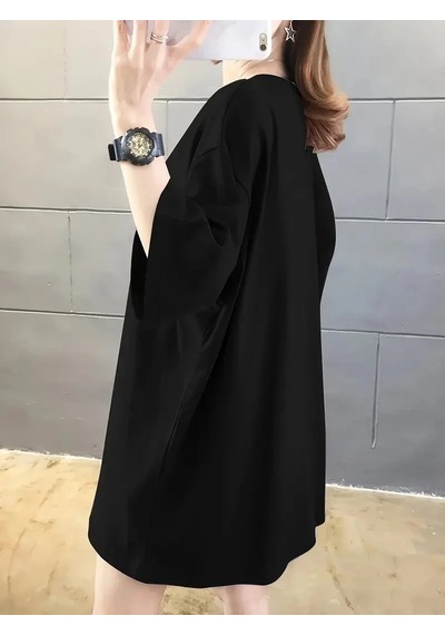 Kadın Tişört Penye Compack Baskılı Oversize Bisiklet Yaka T-shirt - Siyah