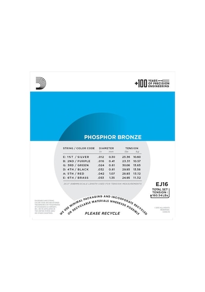 D'Addario EJ16 Phosphor Bronze, Light, 12-53 012-053 Takım Tel Ak