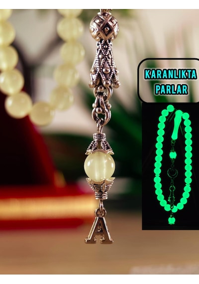 Kedi Gözü Tesbih Gece Karanlıkta Parlayan Model Kişiye Özel Harfli Hediyelik Tesbih Küre Kesim Fosforlu Tesbih Açık Gri